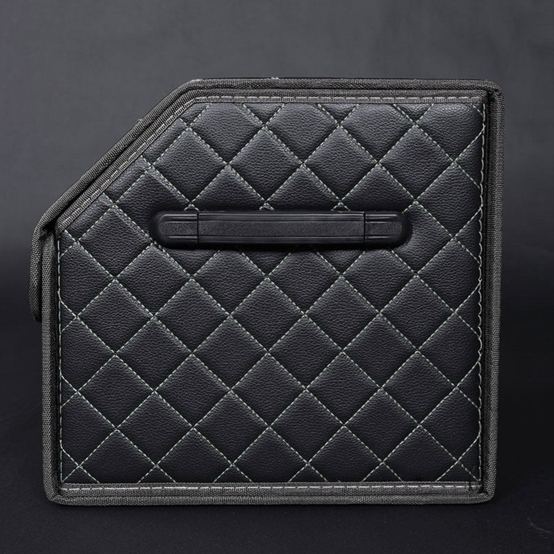 SOGA Leather Car Boot Collapsible Foldable Trunk Cargo Organizer Portable Storage Box Black/White Stitch with Lock Small - Cafe Supply