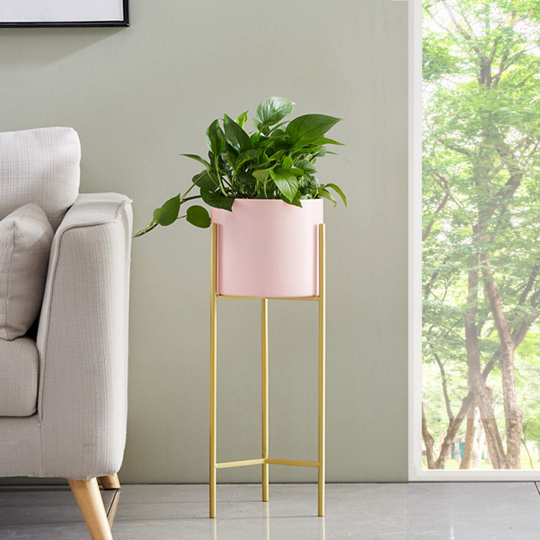 SOGA 2 Layer 42cm Gold Metal Plant Stand with Pink Flower Pot Holder Corner Shelving Rack Indoor Display - Cafe Supply