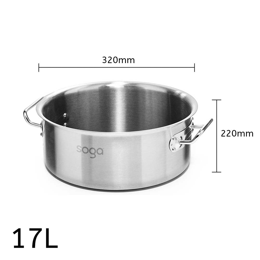 SOGA Stock Pot 17L Top Grade Thick Stainless Steel Stockpot 18/10 Without Lid - Cafe Supply