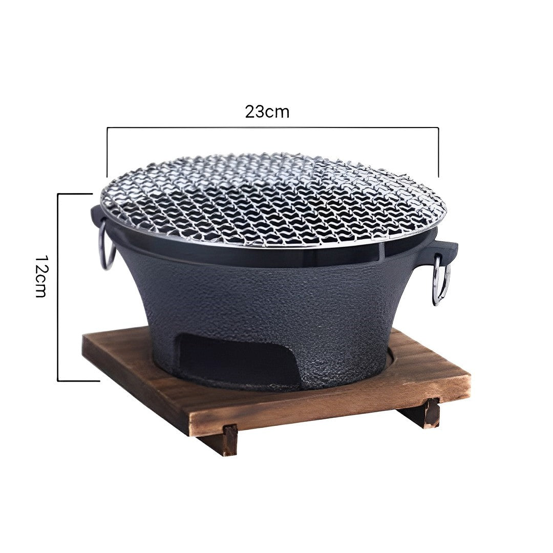 SOGA 2X Medium Cast Iron Round Stove Charcoal Table Net Grill Japanese Style BBQ Picnic Camping with Wooden Board - Cafe Supply