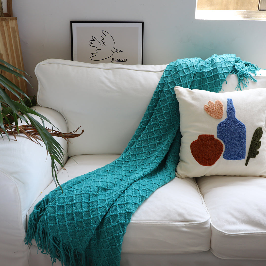 SOGA 2X Teal Diamond Pattern Knitted Throw Blanket Warm Cozy Woven Cover Couch Bed Sofa Home Decor with Tassels - Cafe Supply