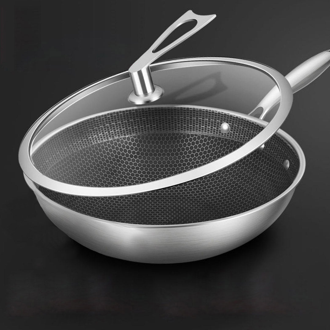 SOGA 32cm Stainless Steel Tri-Ply Frying Cooking Fry Pan Textured Non Stick Interior Skillet with Glass Lid - Cafe Supply