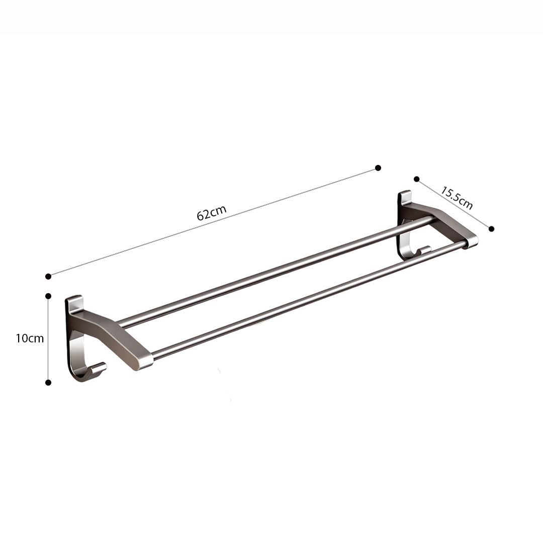 SOGA 62cm Gray Wall-Mounted Double Pole Towel Holder Bathroom Organiser Rail Hanger with Hooks - Cafe Supply