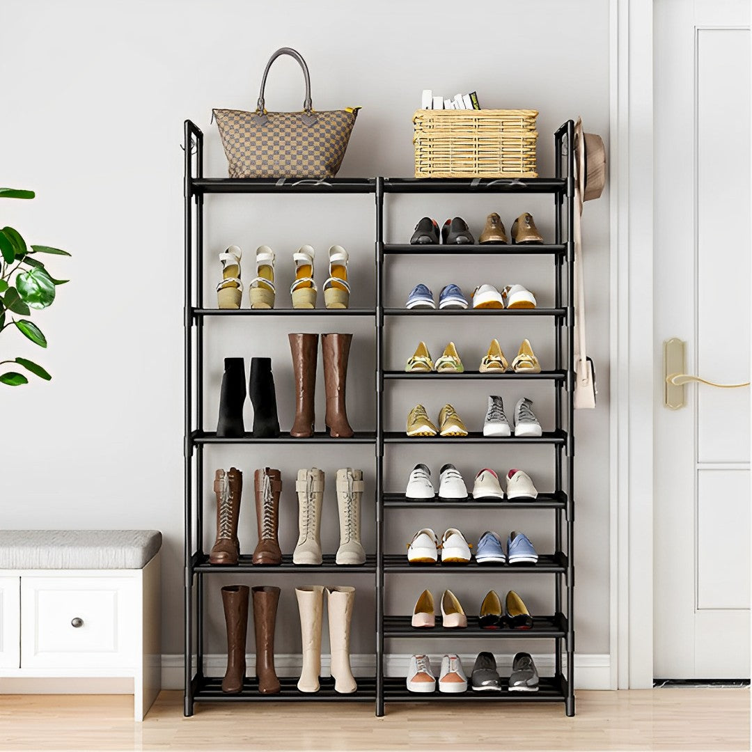 SOGA 2X 12-Shelf Tier Shoe Storage Shelf Space-Saving Caddy Rack Organiser with Side Hooks Black - Cafe Supply
