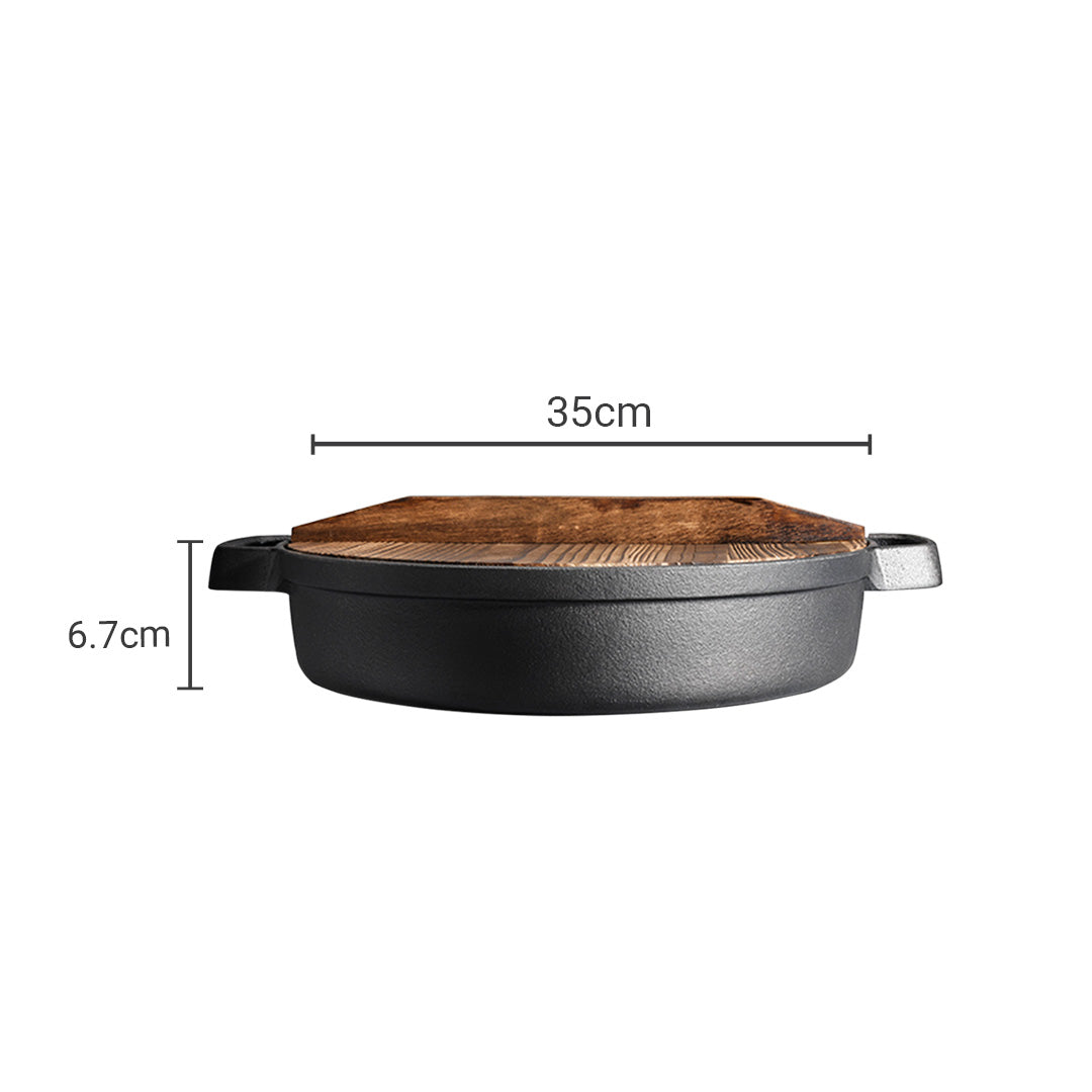 SOGA 35cm Round Cast Iron Pre-seasoned Deep Baking Pizza Frying Pan Skillet with Wooden Lid - Cafe Supply
