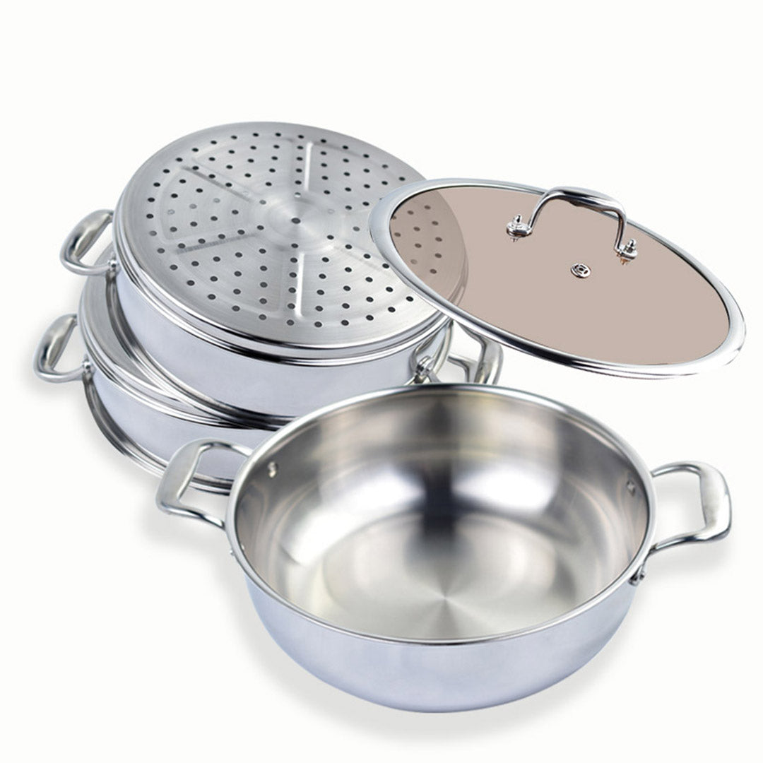 SOGA 3 Tier 26cm Heavy Duty Stainless Steel Food Steamer Vegetable Pot Stackable Pan Insert with Glass Lid - Cafe Supply