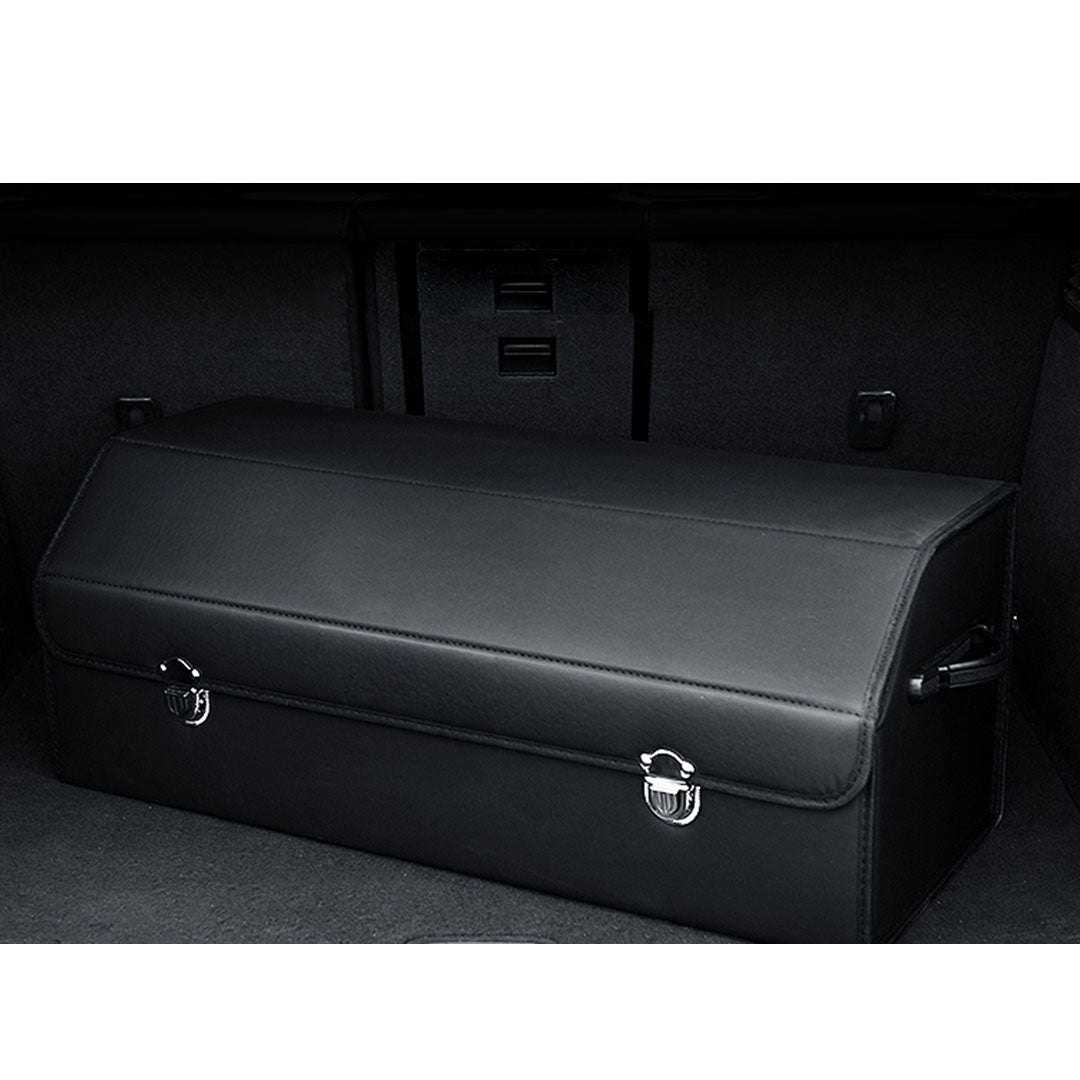 SOGA Leather Car Boot Collapsible Foldable Trunk Cargo Organizer Portable Storage Box With Lock Black Large - Cafe Supply