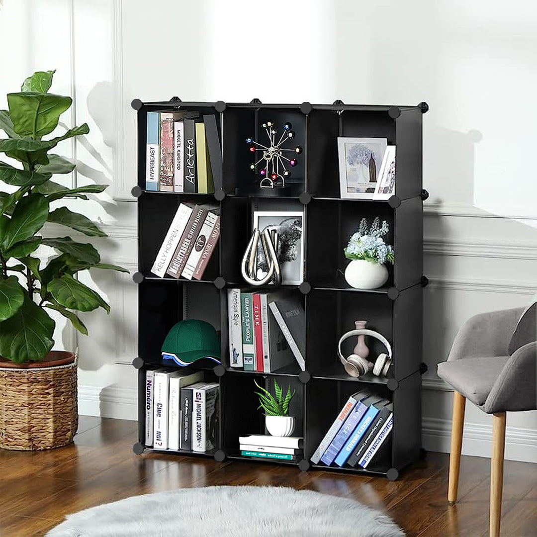 SOGA 4 Tier 12-Cube Black Portable Wardrobe Divide-Grid Modular Storage Organiser Foldable Closet - Cafe Supply