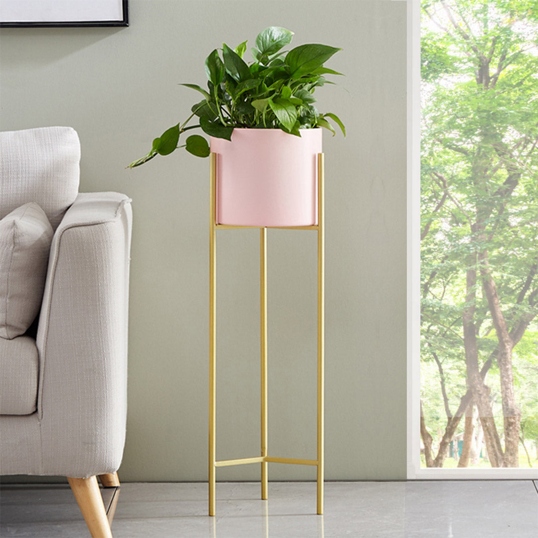 SOGA 2X 2 Layer 60cm Gold Metal Plant Stand with Pink Flower Pot Holder Corner Shelving Rack Indoor Display - Cafe Supply
