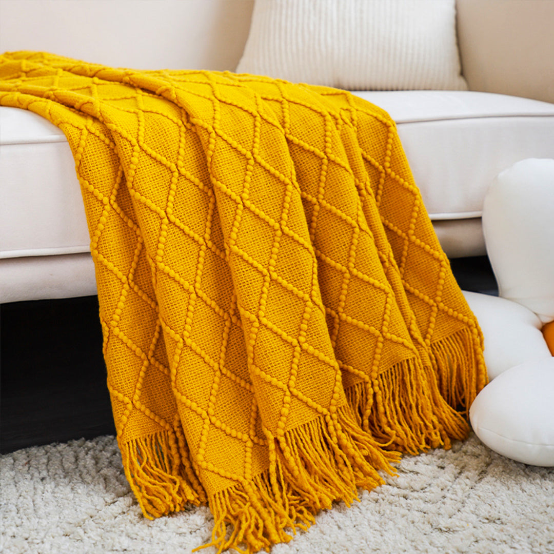 SOGA Yellow Diamond Pattern Knitted Throw Blanket Warm Cozy Woven Cover Couch Bed Sofa Home Decor with Tassels - Cafe Supply