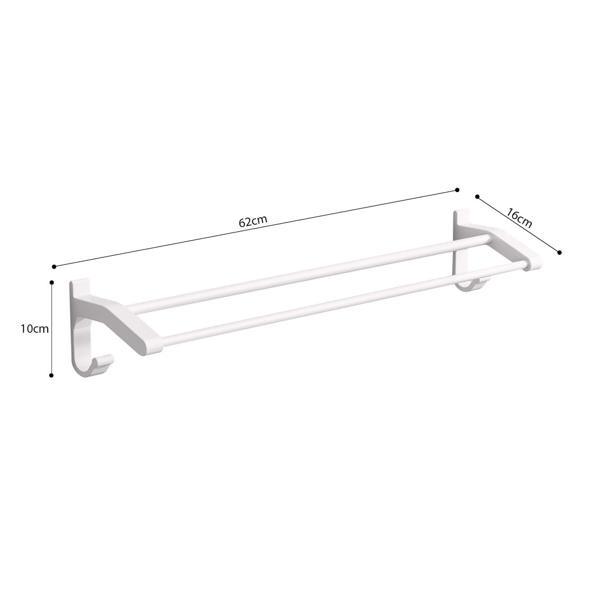 SOGA 2X 62cm White Wall-Mounted Double Pole Towel Holder Bathroom Organiser Rail Hanger with Hooks - Cafe Supply