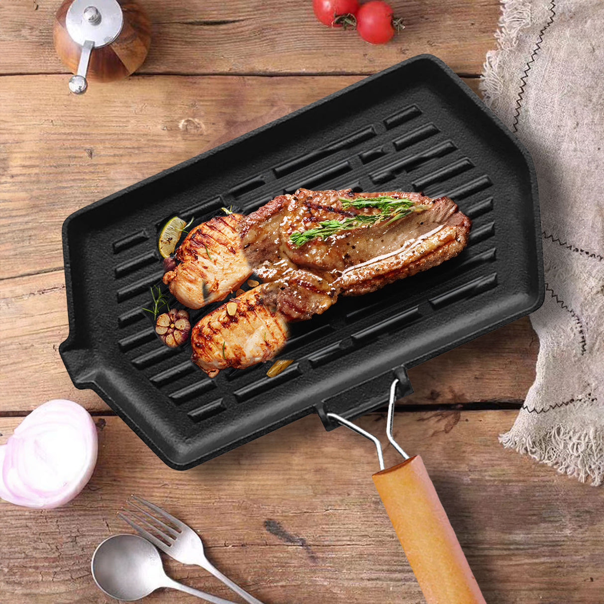 SOGA 2X Rectangular Cast Iron Griddle Grill Frying Pan with Folding Wooden Handle - Cafe Supply