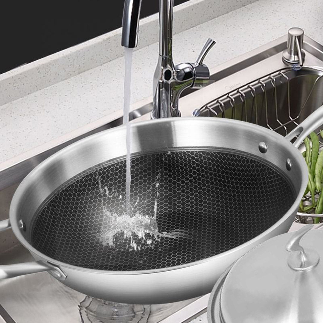 SOGA 18/10 Stainless Steel Fry Pan 34cm Frying Pan Top Grade Textured Non Stick Interior Skillet with Helper Handle and Lid - Cafe Supply