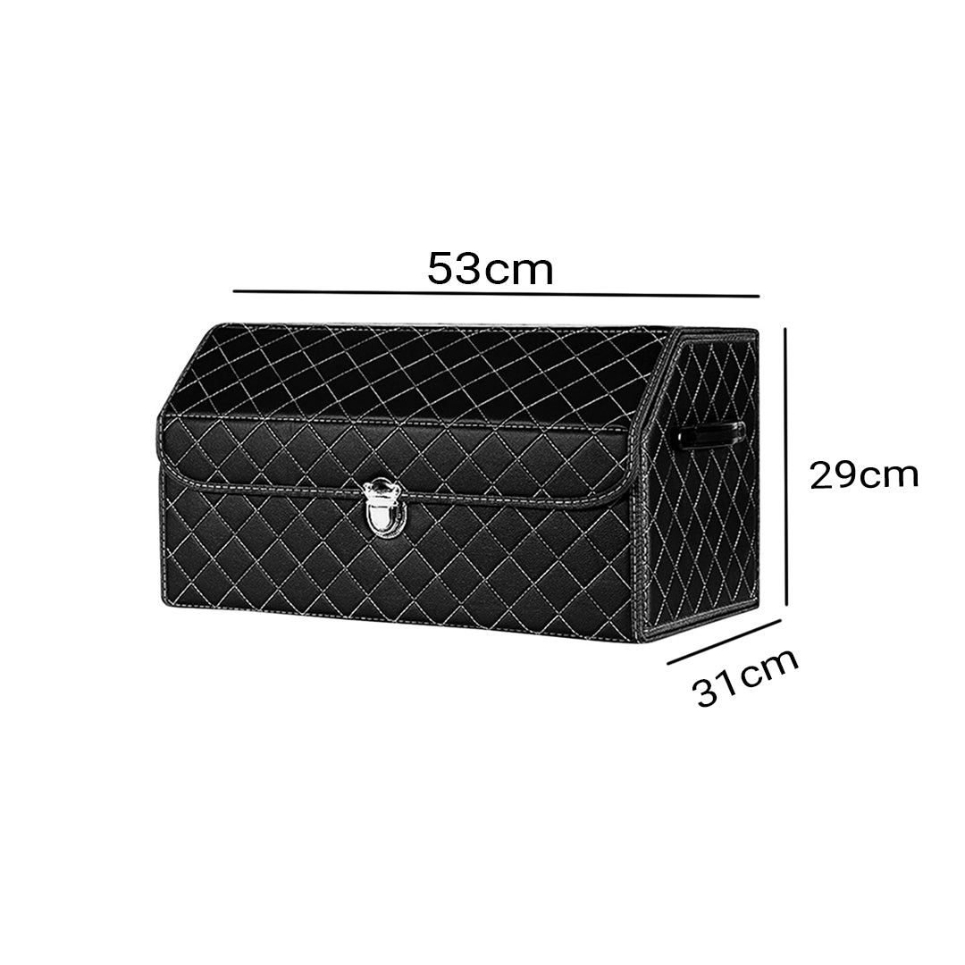 SOGA 2X Leather Car Boot Collapsible Foldable Trunk Cargo Organizer Portable Storage Box Black/White Stitch with Lock Medium - Cafe Supply