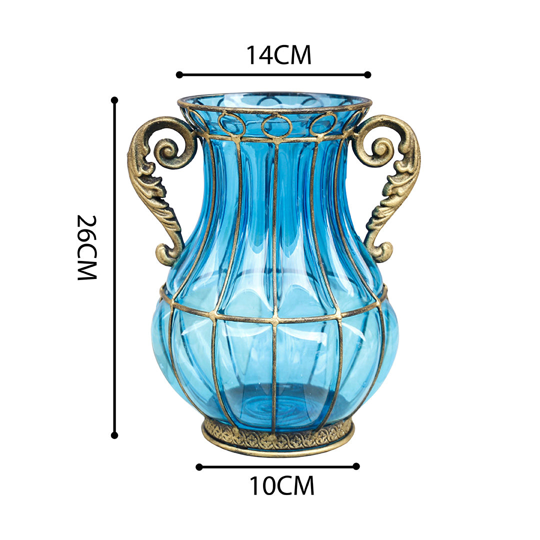 SOGA Blue Colored European Glass Home Decor Flower Vase with Two Metal Handle - Cafe Supply