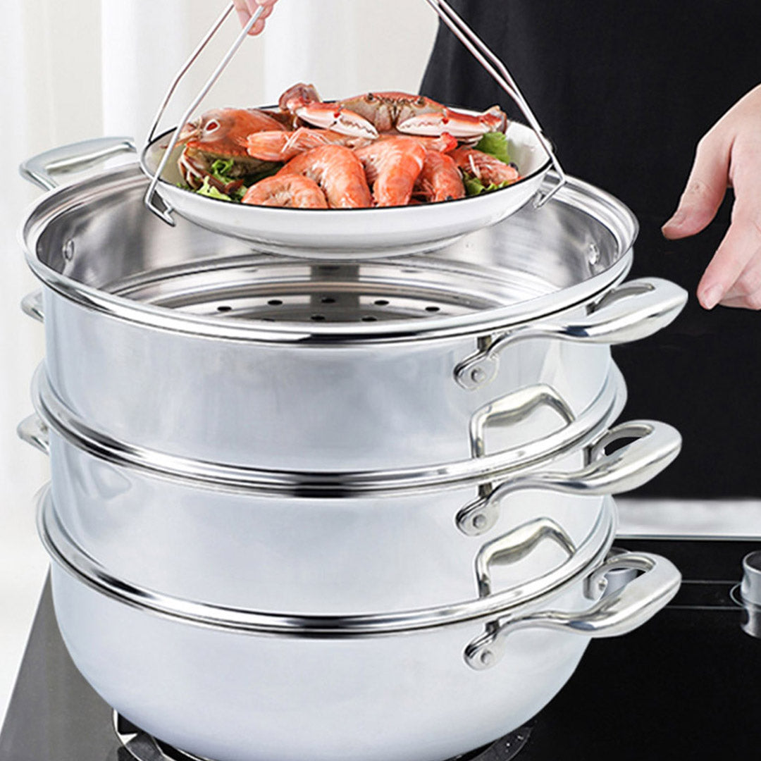 SOGA 2X 3 Tier 30cm Heavy Duty Stainless Steel Food Steamer Vegetable Pot Stackable Pan Insert with Glass Lid - Cafe Supply