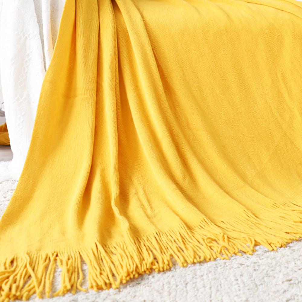 SOGA Yellow Acrylic Knitted Throw Blanket Solid Fringed Warm Cozy Woven Cover Couch Bed Sofa Home Decor - Cafe Supply