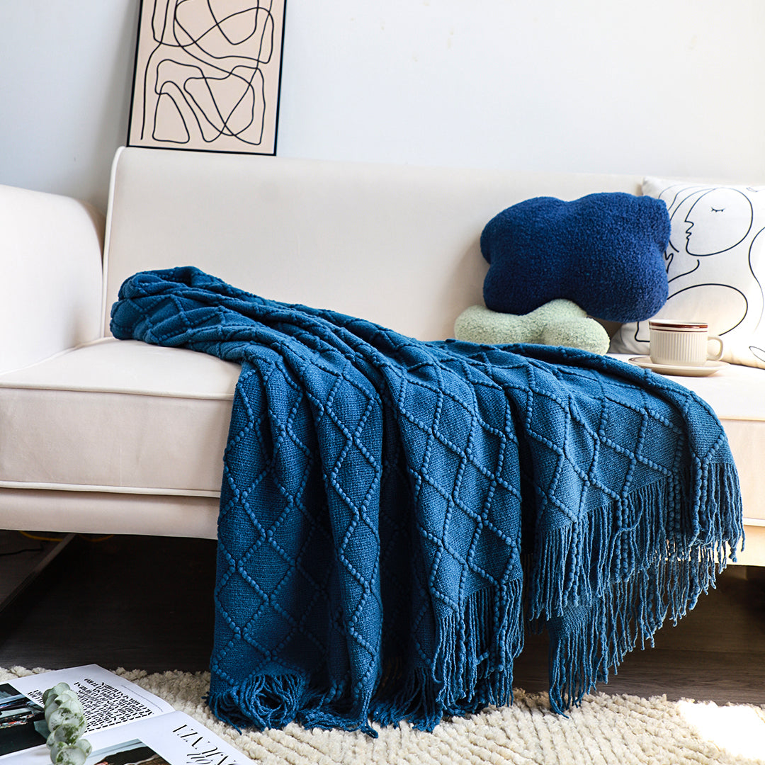 SOGA 2X Royal Blue Diamond Pattern Knitted Throw Blanket Warm Cozy Woven Cover Couch Bed Sofa Home Decor with Tassels - Cafe Supply