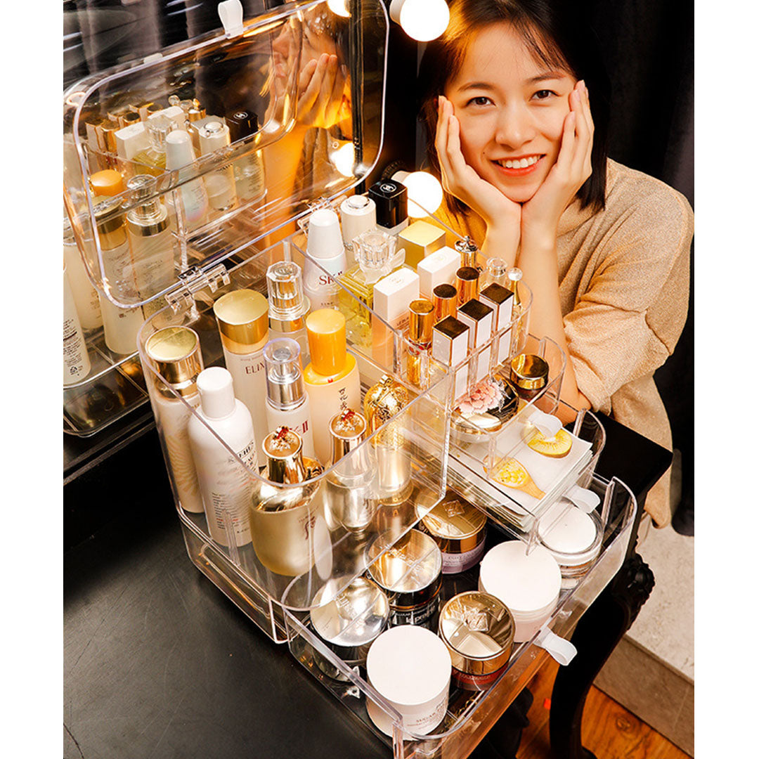 SOGA 2X Transparent Cosmetic Storage Box Clear Makeup Skincare Holder with Lid Drawers Waterproof Dustproof Organiser - Cafe Supply