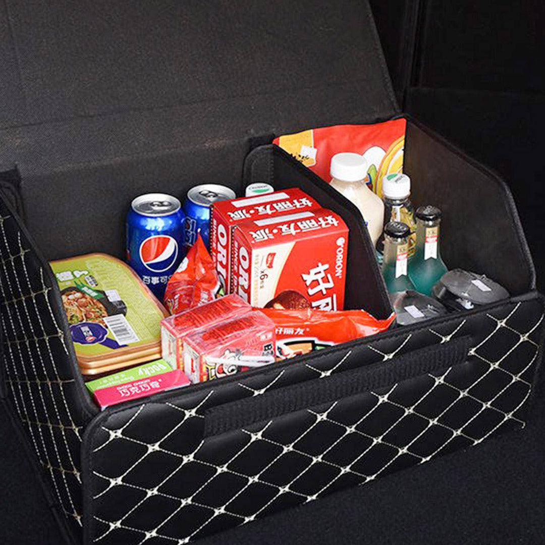 SOGA 2X Leather Car Boot Collapsible Foldable Trunk Cargo Organizer Portable Storage Box Black/Gold Stitch Medium - Cafe Supply