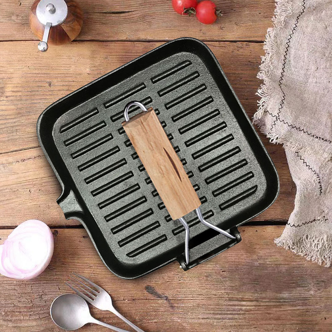 SOGA 24cm Ribbed Cast Iron Square Steak Frying Grill Skillet Pan with Folding Wooden Handle - Cafe Supply