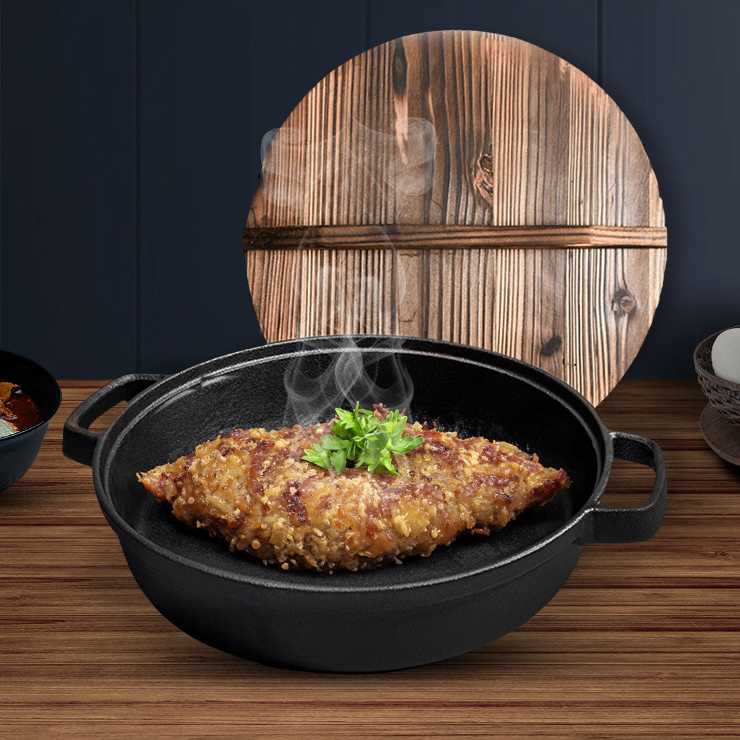 SOGA 2X 35cm Round Cast Iron Pre-seasoned Deep Baking Pizza Frying Pan Skillet with Wooden Lid - Cafe Supply