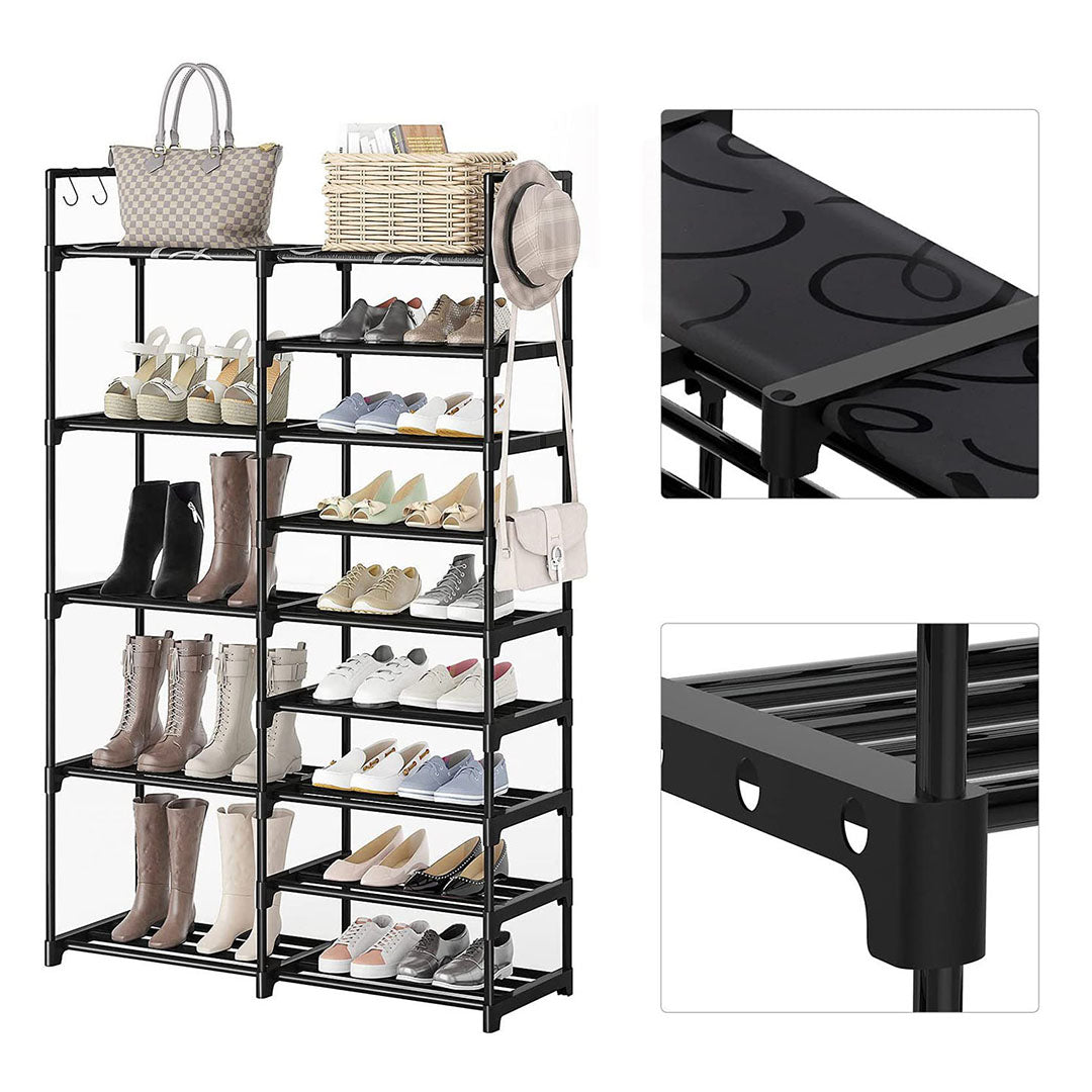 SOGA 16-Shelf Tier Shoe Storage Shelf Space-Saving Caddy Rack Organiser with Side Hooks Black - Cafe Supply