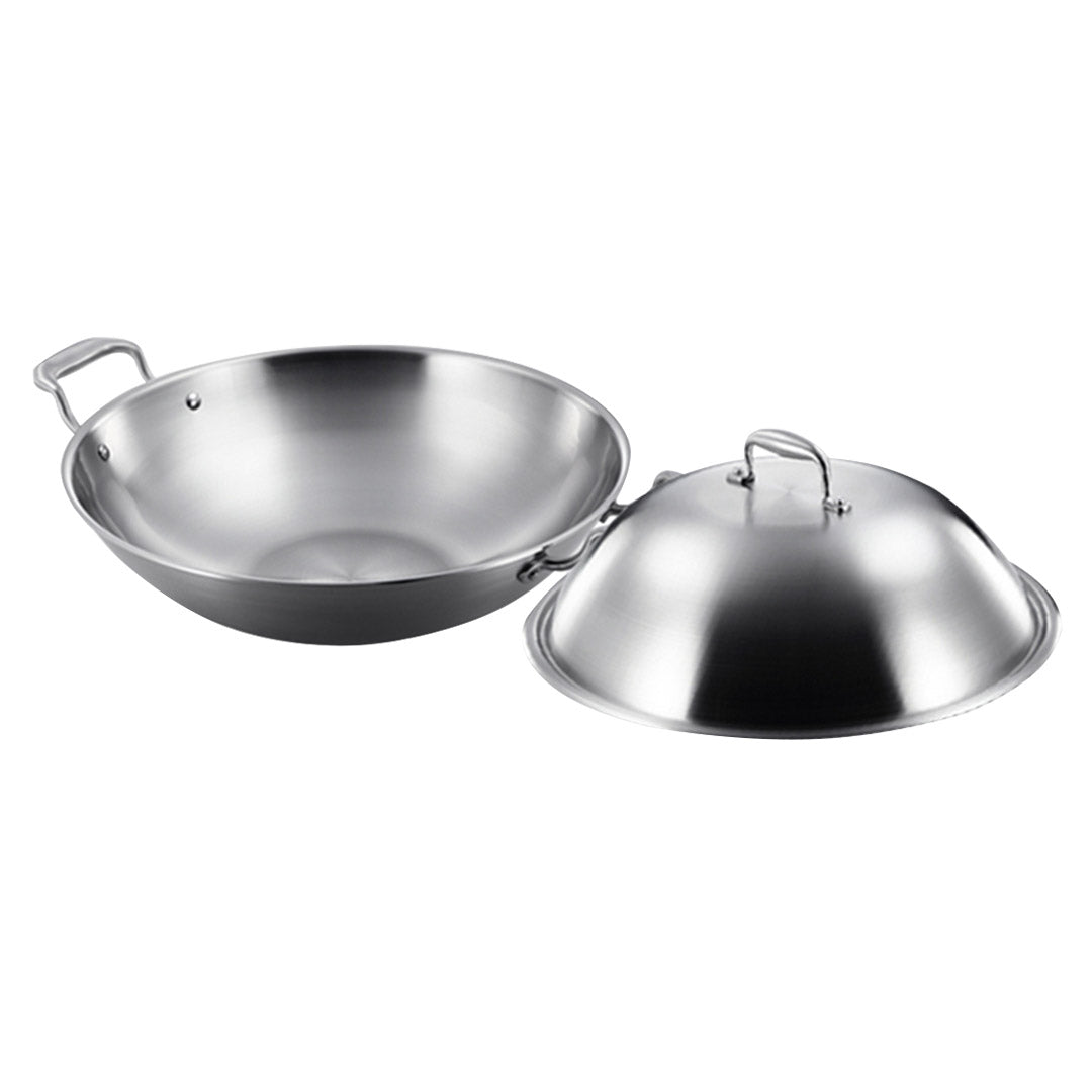 SOGA 2X 3-Ply 38cm Stainless Steel Double Handle Wok Frying Fry Pan Skillet with Lid - Cafe Supply