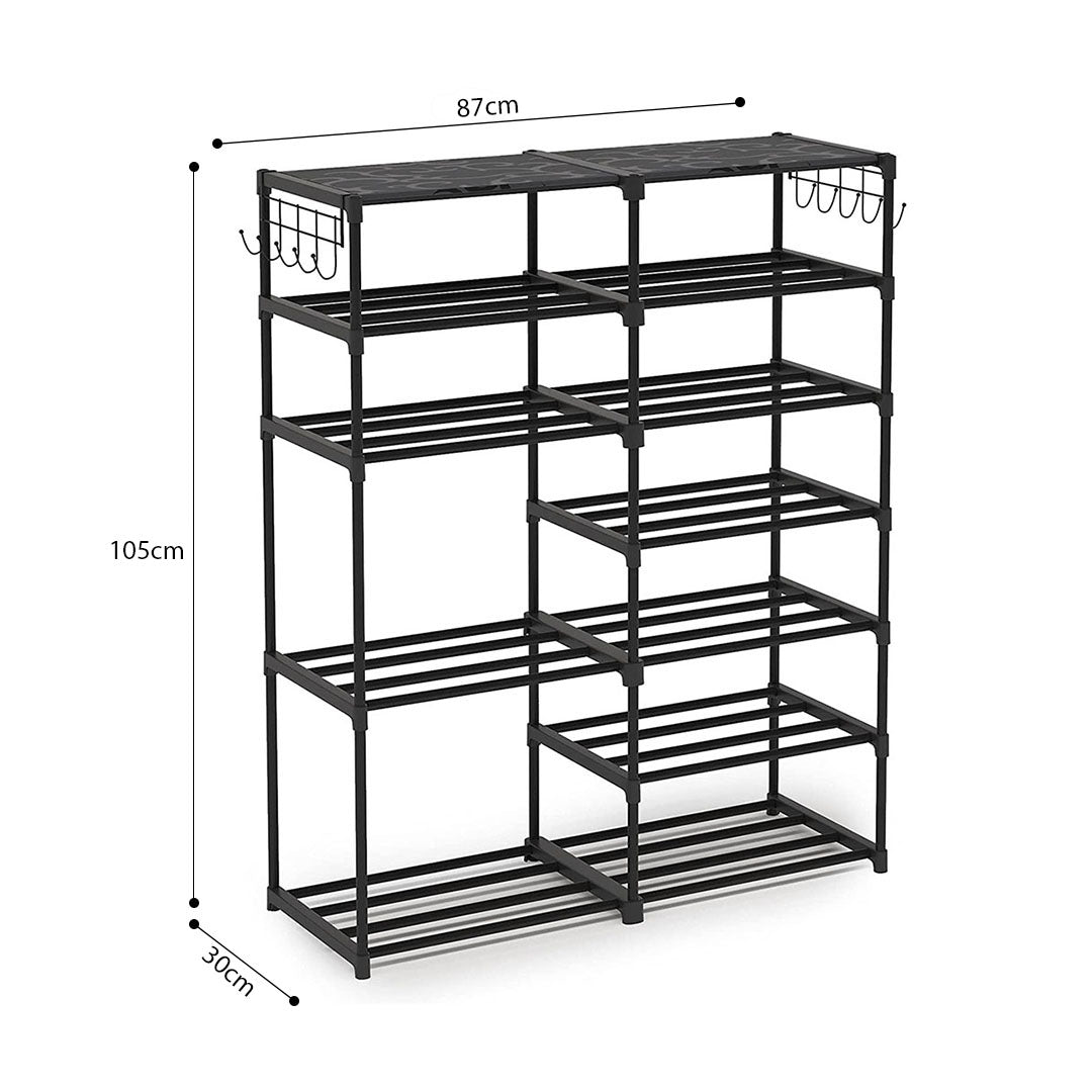 SOGA 2X 12-Shelf Tier Shoe Storage Shelf Space-Saving Caddy Rack Organiser with Side Hooks Black - Cafe Supply