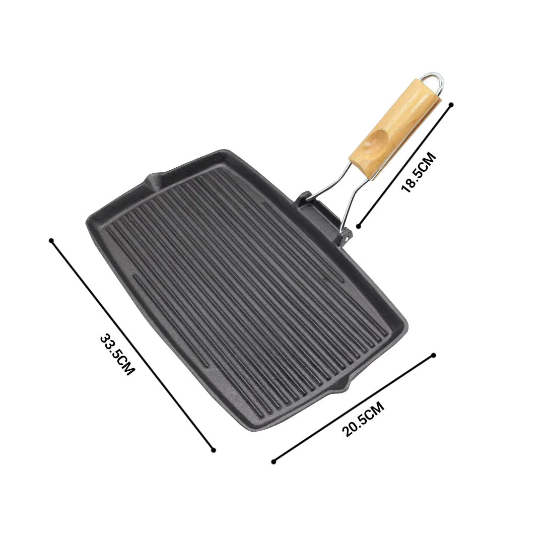 SOGA 2X 20.5cm Rectangular Cast Iron Griddle Grill Frying Pan with Folding Wooden Handle - Cafe Supply