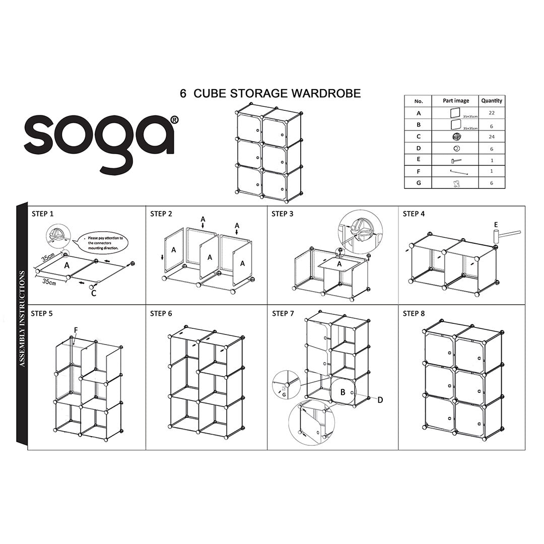 SOGA 3 Tier 6-Cube Portable Wardrobe Divide-Grid Modular Storage Organiser Foldable Closet - Cafe Supply