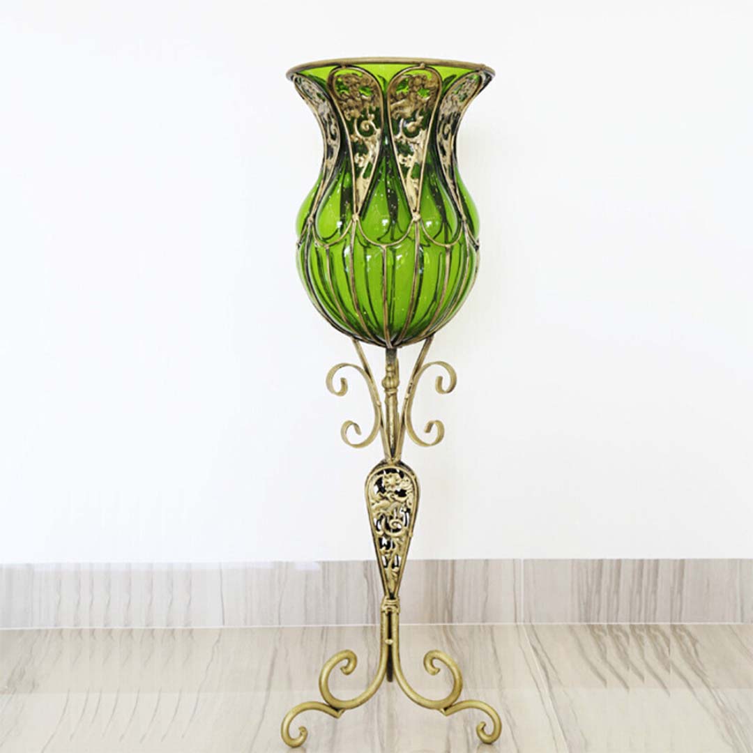 SOGA 85cm Green Glass Floor Vase with Tall Metal Flower Stand - Cafe Supply