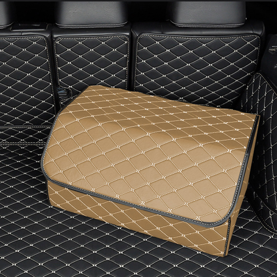 SOGA Leather Car Boot Collapsible Foldable Trunk Cargo Organizer Portable Storage Box Beige/Gold Stitch Large - Cafe Supply