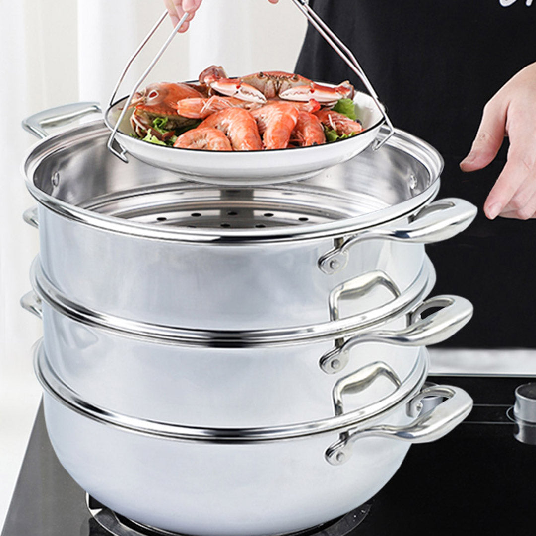 SOGA 2X 3 Tier 32cm Heavy Duty Stainless Steel Food Steamer Vegetable Pot Stackable Pan Insert with Glass Lid - Cafe Supply