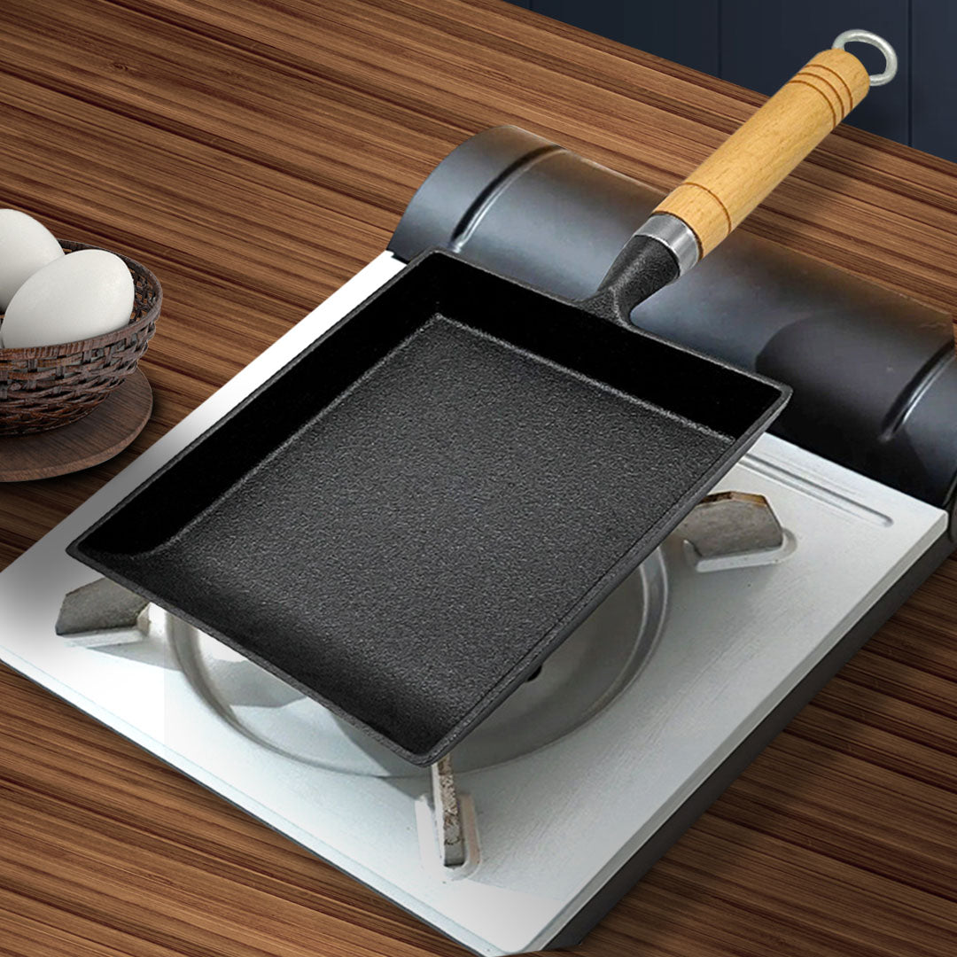 SOGA 2X Cast Iron Tamagoyaki Japanese Omelette Egg Frying Skillet Fry Pan Wooden Handle - Cafe Supply