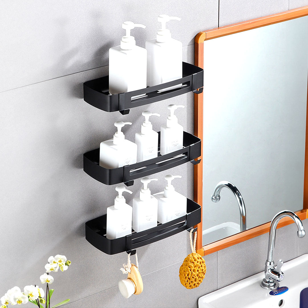 SOGA Black Wall-Mounted Rectangular Bathroom Storage Organiser Space Saving Adhesive Shelf Rack with Hooks - Cafe Supply