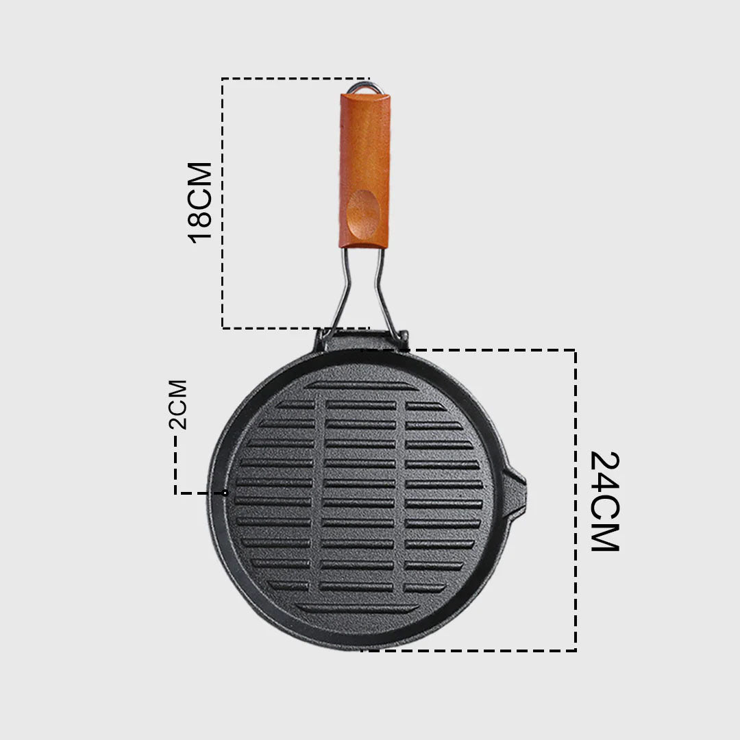 SOGA 2X 24cm Round Ribbed Cast Iron Steak Frying Grill Skillet Pan with Folding Wooden Handle - Cafe Supply
