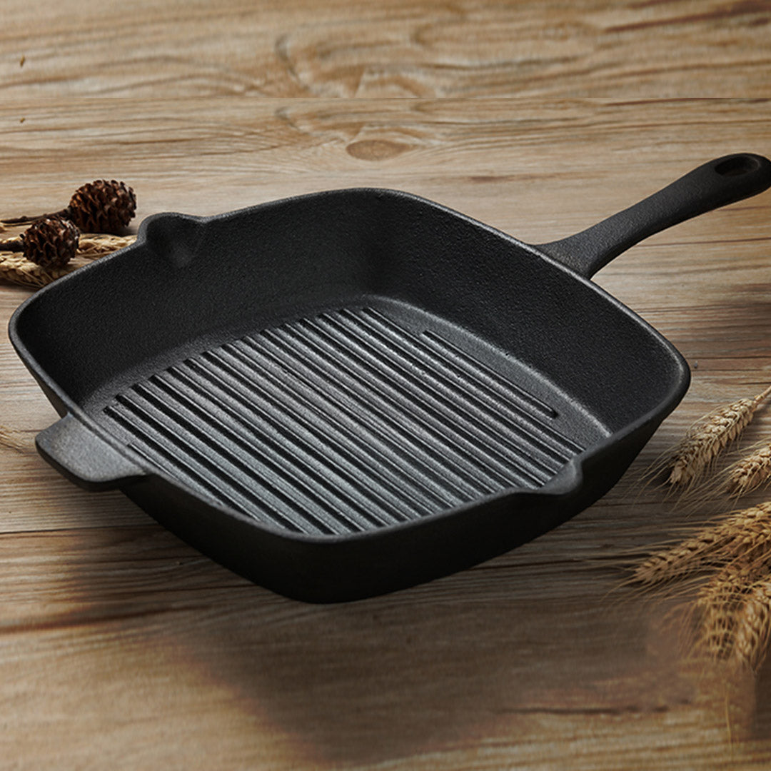 SOGA 2X 26cm Square Ribbed Cast Iron Frying Pan Skillet Steak Sizzle Platter with Handle - Cafe Supply