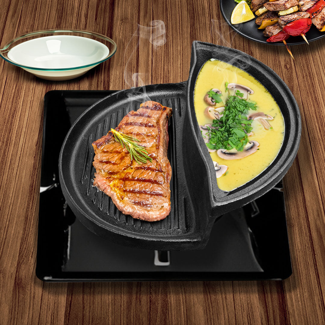 SOGA 2X 2 in 1 Cast Iron Ribbed Fry Pan Skillet Griddle BBQ and Steamboat Hot Pot - Cafe Supply