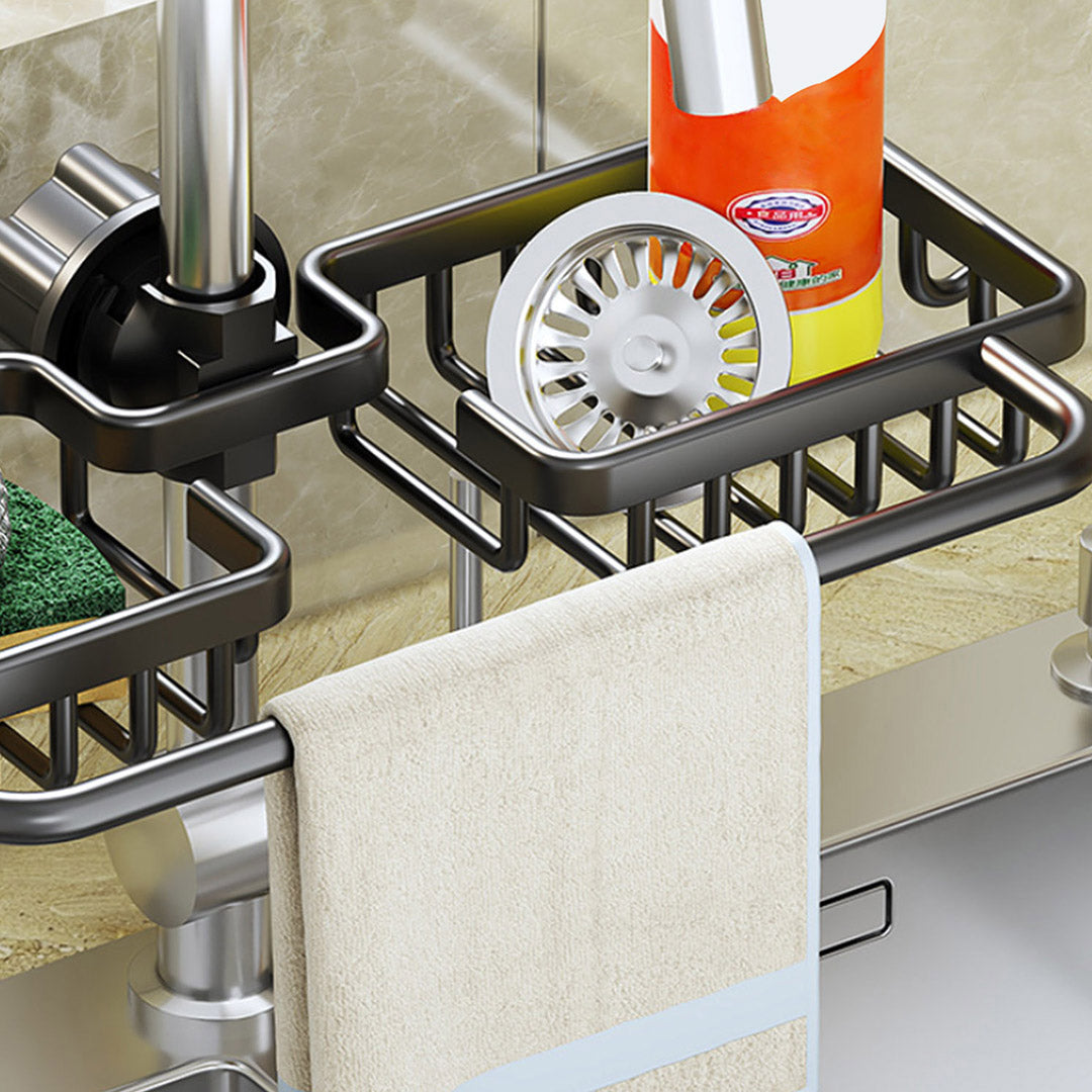 SOGA 2X Black Kitchen Sink Organiser Faucet Soap Sponge Caddy Rack Drainer with Towel Bar Holder - Cafe Supply