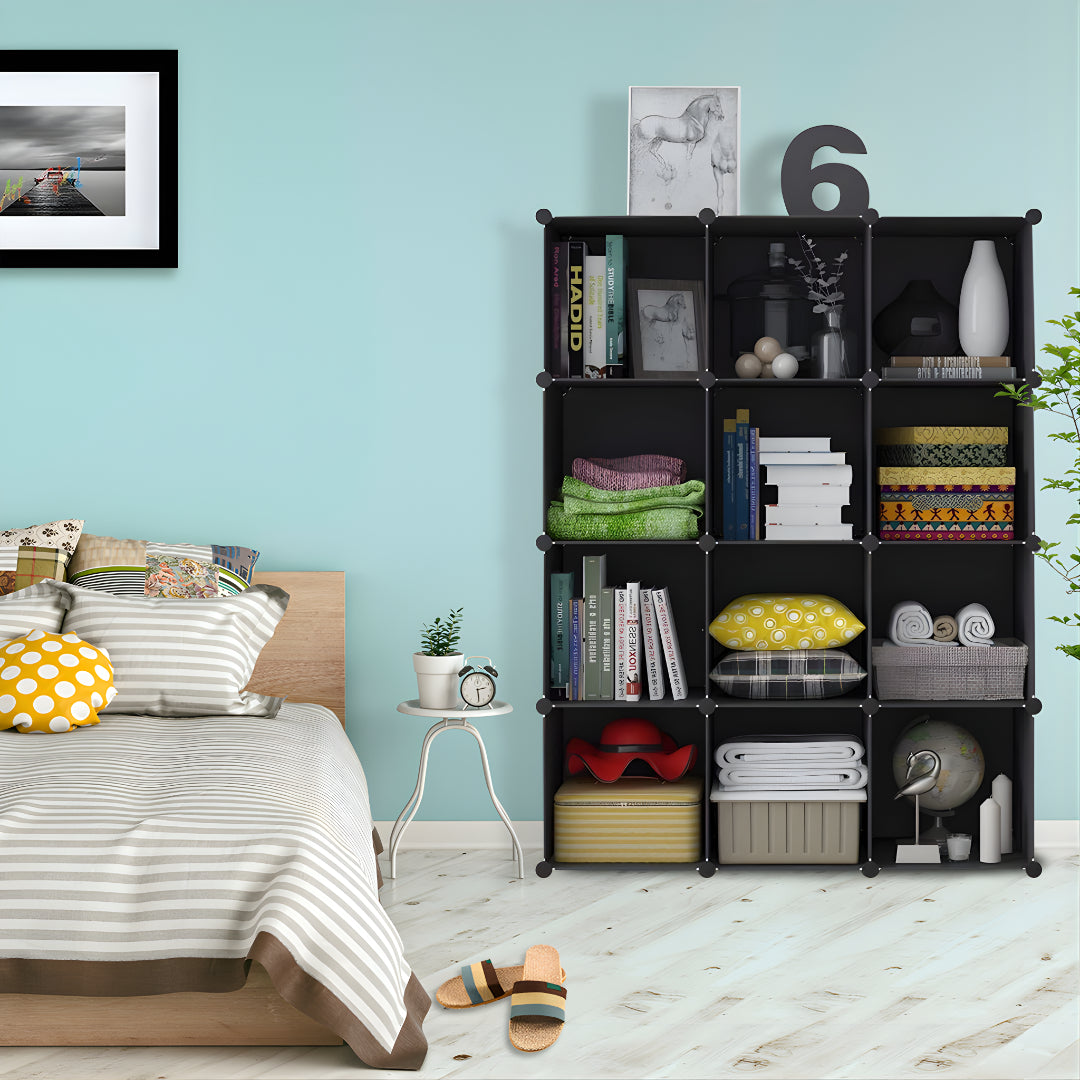 SOGA 4 Tier 12-Cube Black Portable Wardrobe Divide-Grid Modular Storage Organiser Foldable Closet - Cafe Supply