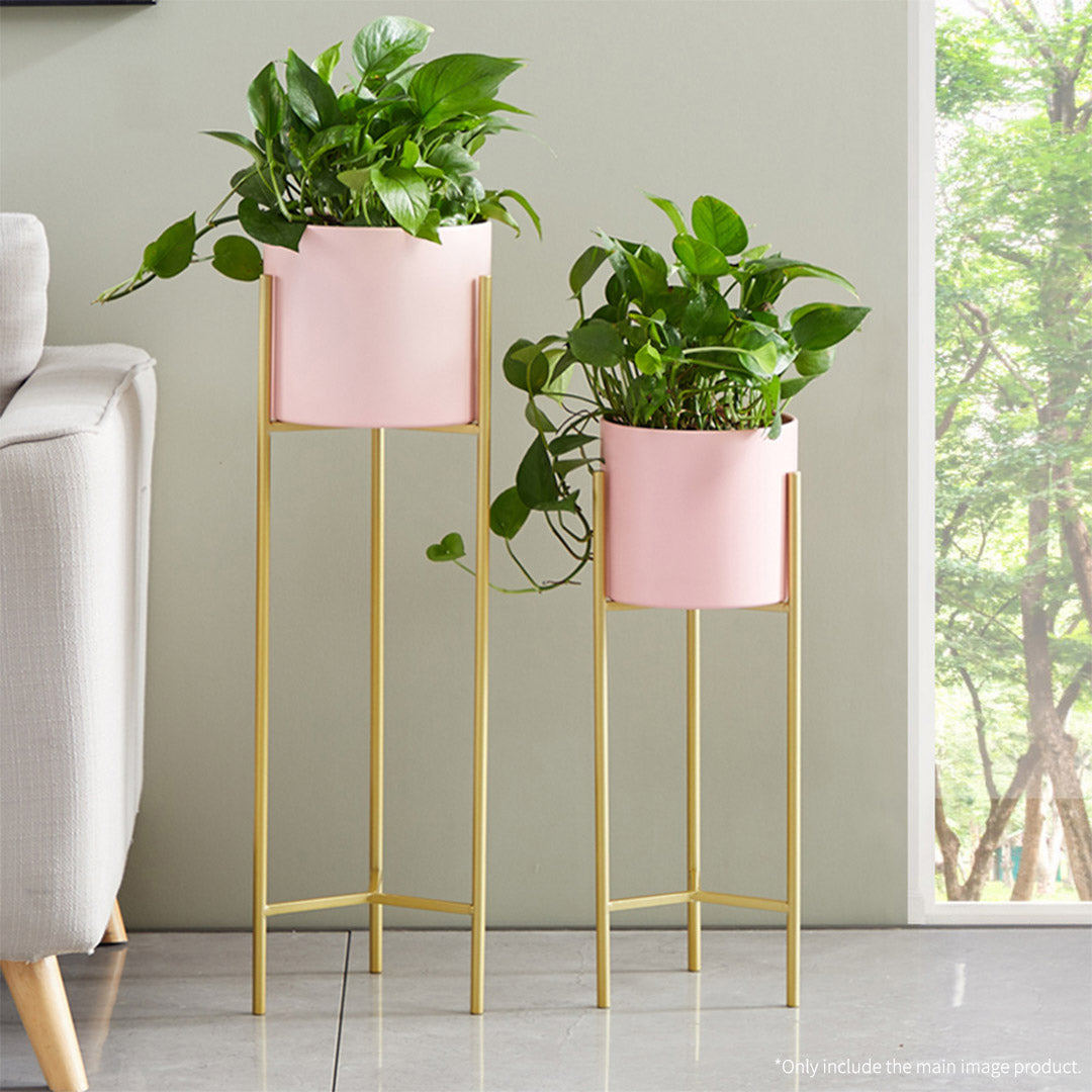 SOGA 4X 2 Layer 42cm Gold Metal Plant Stand with Pink Flower Pot Holder Corner Shelving Rack Indoor Display - Cafe Supply