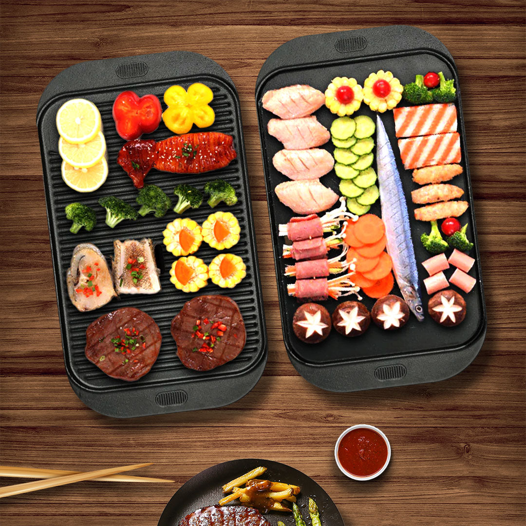 SOGA 2X 47cm Cast Iron Ridged Griddle Hot Plate Grill Pan BBQ Stovetop - Cafe Supply