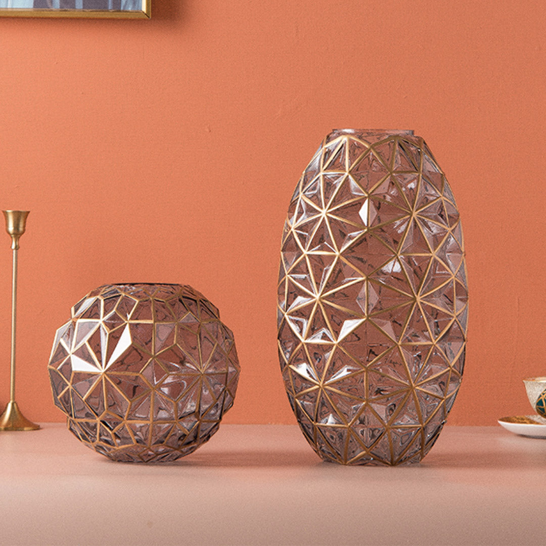 SOGA 2X Grey Colored Diamond Cut Glass Flower Vase Round Jar Home Decor with Gold Accent Large and Medium Set - Cafe Supply