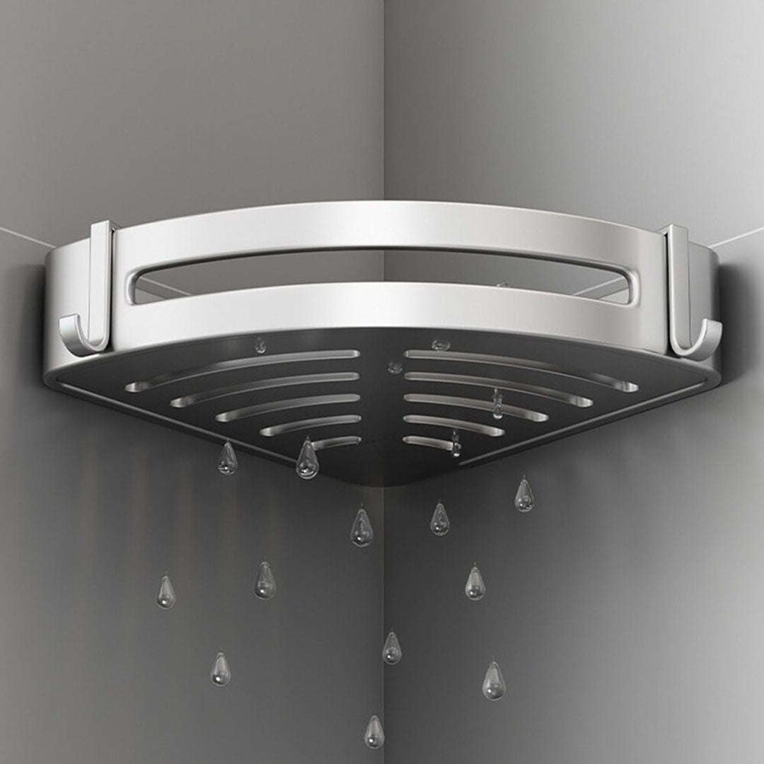 SOGA Silver Wall-Mounted Triangular Bathroom Storage Corner Vanity Organiser Space Saving Adhesive Shelf Rack with Hooks - Cafe Supply