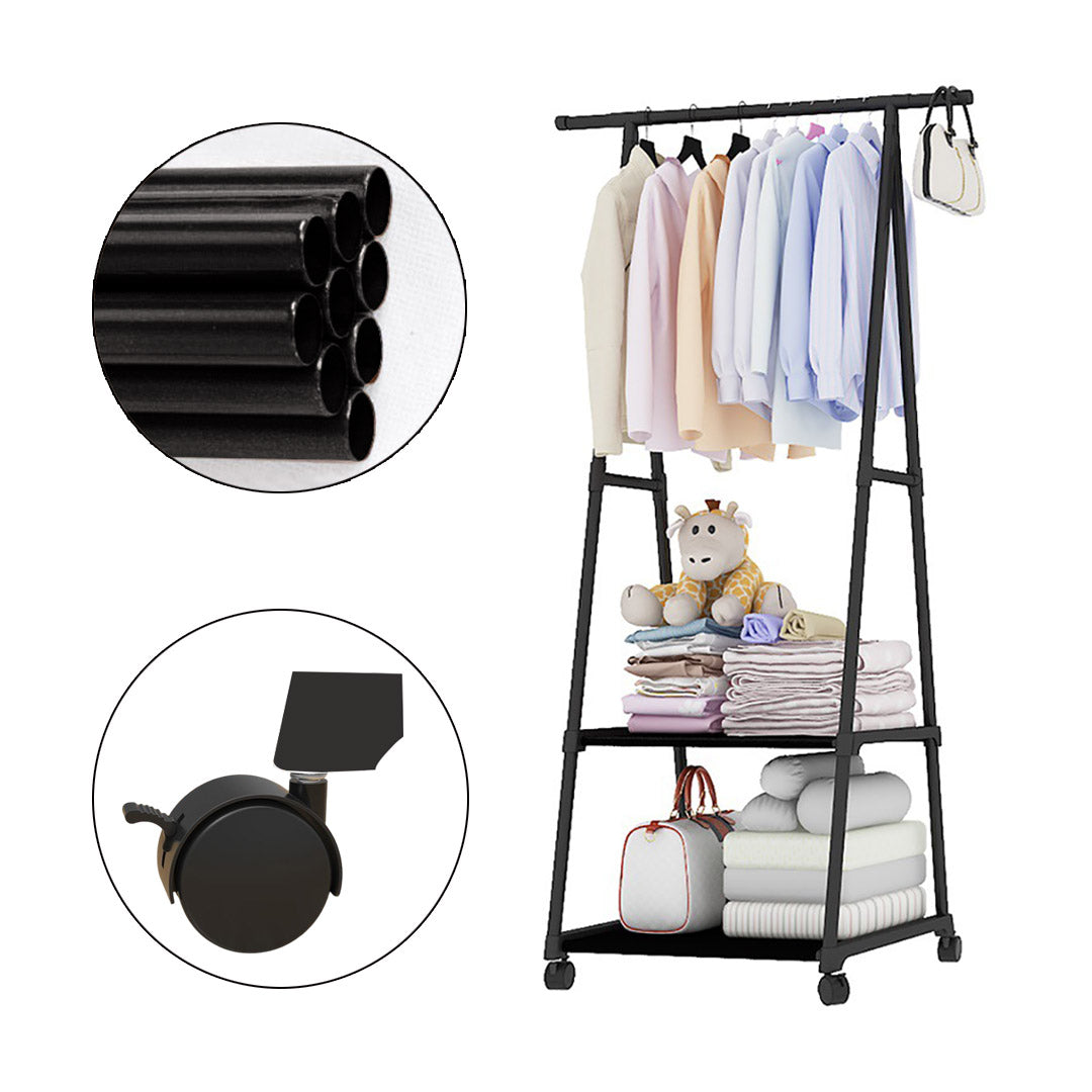 SOGA 2-in-1 Organiser Clothes Shoe Rack Space-Saving Triangular Storage with Wheels Black - Cafe Supply