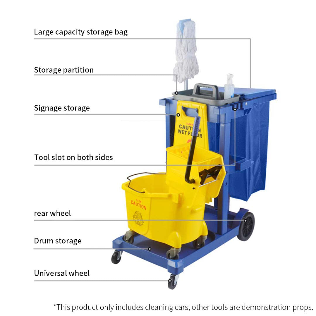 SOGA 3 Tier Multifunction Janitor Cleaning Waste Cart Trolley and Waterproof Bag with Lid Blue - Cafe Supply