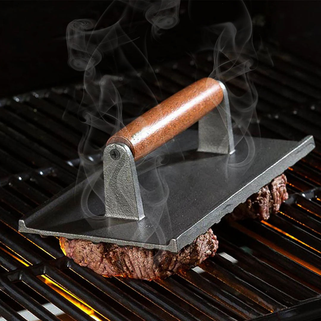 SOGA Cast Iron Bacon Meat Steak Press Grill BBQ with Wood Handle Weight Plate - Cafe Supply