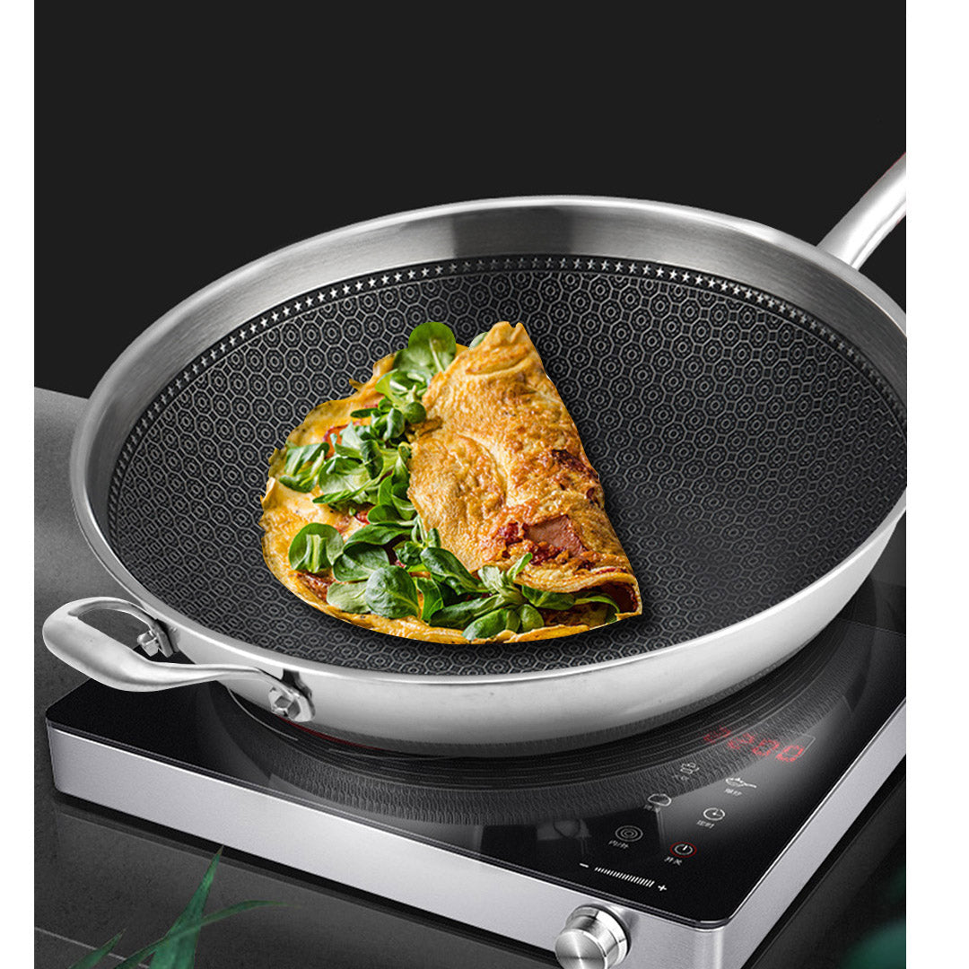 SOGA 18/10 Stainless Steel Fry Pan 32cm Frying Pan Top Grade Non Stick Interior Skillet with Helper Handle and Lid - Cafe Supply
