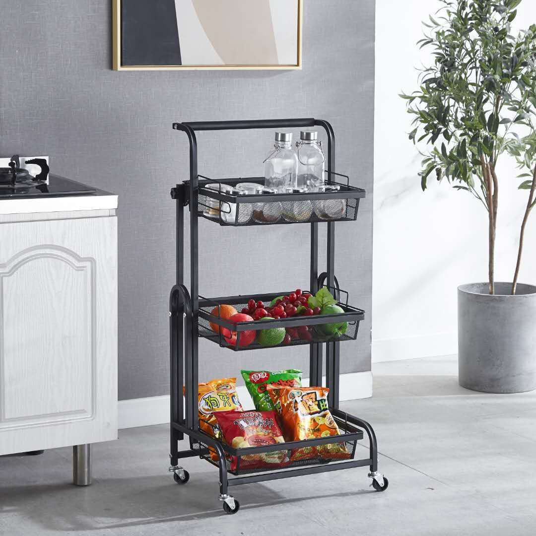 SOGA 3 Tier Steel Black Adjustable Kitchen Cart Multi-Functional Shelves Portable Storage Organizer with Wheels - Cafe Supply